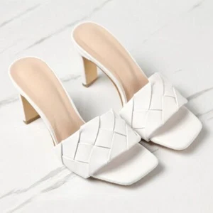 Women Sandals Woven Block Heel Square Open Toe Mules Summer Dress Slippers Shoes - Picture 1 of 7