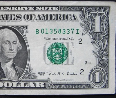 1995 $1 (ONE DOLLAR) - NOTE - SERIAL NUMBER - "B" SHIFT LOW - ERROR - Image 1 of 3