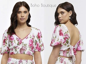 New RIVER ISLAND Summer Crop Top Boho Gypsy Pretty White Pink Floral Size S 8/10 - Picture 1 of 7