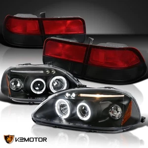 Fits 96-98 Honda Civic LED Halo Black Projector Headlights+Red/Smoke Tail Lamps - Picture 1 of 13