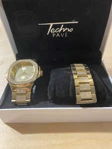 Men's Gold Finish Techno Pave Fashion Watch/Bracelet Dressy Party Hip Hop Set LX - Picture 1 of 12