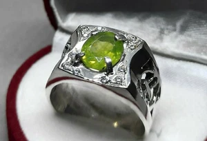 Natural Oval Cut 2.5 Ct Pale Green Peridot Sterling Silver 925 Handmade Men Ring - Picture 1 of 12