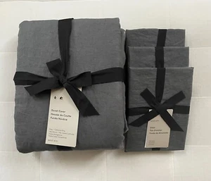 West Elm EUROPEAN FLAX LINEN Duvet King Cali King & 3 Euro Shams Graphite NWT - Picture 1 of 4