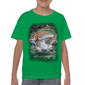 Jumping Rainbow Trout Youth T-shirt Freshwater Fly Fishing Fisherman Lure Kids - Picture 1 of 50