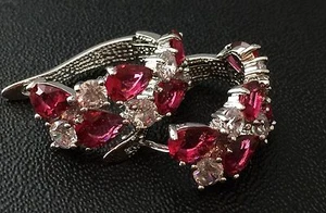 Red Garnet & Simulated Diamond Huggie Hoop Earrings 18k White Gold Filled Finish - Picture 1 of 13