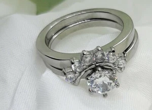 Stainless Steel 2 Piece Wedding Set Ring AAA CZ Round Solitaire Engagement - Picture 1 of 10