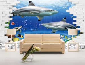 3D Sea Bricks Sharks 330 Wallpaper Mural Paper Wall Print Wallpaper Murals UK - Picture 1 of 6