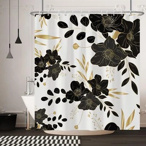 Black Flower Shower Curtain Black Dark Floral Gold Leaves Shower Curtain Set ... - Picture 1 of 8