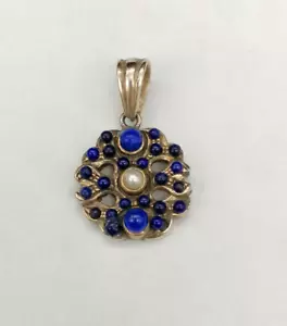 ciondolo donna stile antico argento 925 placcato oro lapislazzulo e perle vere - Foto 1 di 7