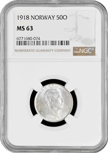 Norway 50 ore 1918, NGC MS63, "King Haakon VII (1906 - 1957)" silver coin - Picture 1 of 2