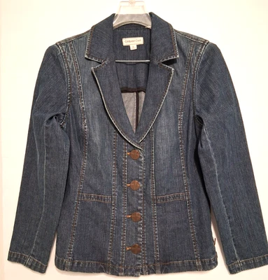 Chaqueta de Jean Coldwater Creek Azul Bronce Denim Talla 8 Ajustada Cuello Traje Oscuro NUEVA Foto 1 de 4