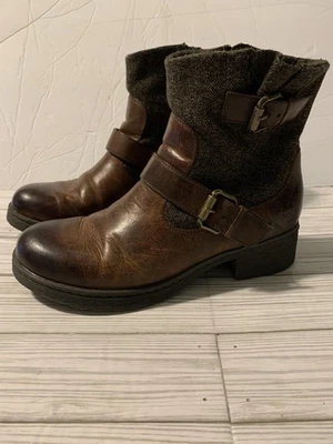 B.o.c Botas Mujer Talla 7 1/2 Marrón Cuero Tela Botines Hebilla Cremallera Tacón Foto 1 de 4