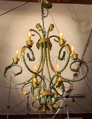 ЗЕЛЕНАЯ И ЗОЛОТАЯ ПАТИНА 6 ОГНЕЙ ФРАНЦУЗСКАЯ ЖЕЛЕЗНАЯ ЛЮСТРА. 3 фута H X 30 дюймов диаметр. LooK!! - Изображение 1 из 4