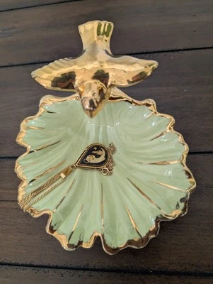 Leaf Shaped Tray Trinket Dish with Bird Tabletop Decor Ceramic Green Ash Tray - Image 1 of 4