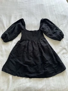 Urban Outfitters Black Linen Cotton Shirred Bodice Short Puff Sleeve Dress M - Picture 1 of 17