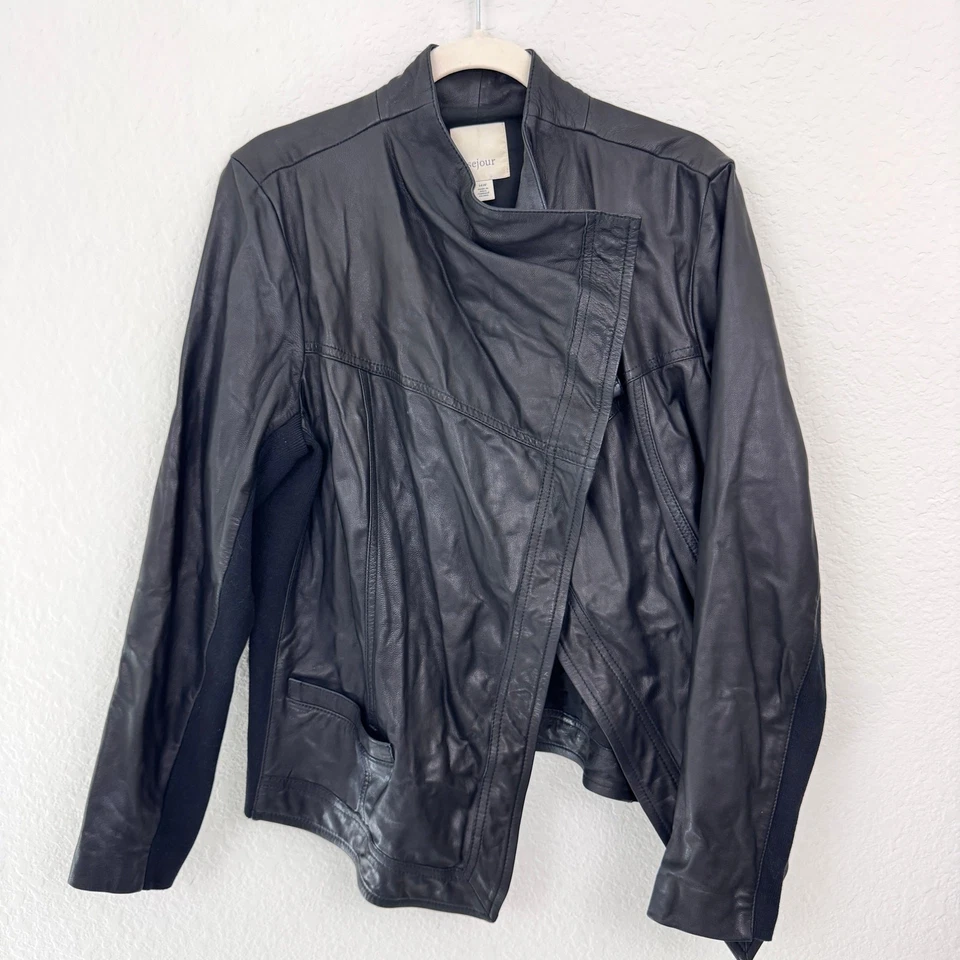 Sejour Womens Leather Jacket Size 14 W Moto Biker Ribbed Classic Black - Image 1 of 4