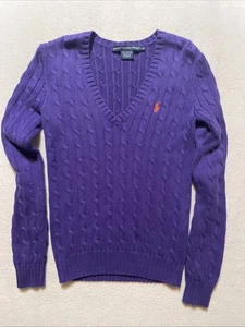 Polo Ralph Lauren Sport Sweater Women's Small Purple Cable Knit V-Neck Vintage - Picture 1 of 8