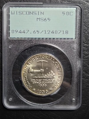 Beautiful 1936 Wisconsin Comm. Half Dollar PCGS Graded MS65 Old Green Holder - Image 1 of 2