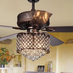 Proshta 3-light Crystal 5-blade Rustic Bronze Ceiling Fan Pull Chain - Picture 1 of 5