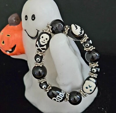 Pulseras de Halloween Calavera Calavera Murciélago Negro Cuentas Elásticas Pulseras NEGRAS Foto 1 de 4