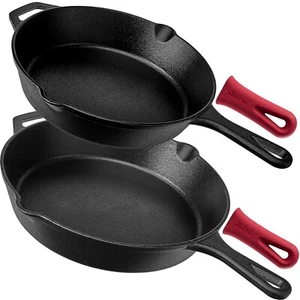 Cast IRON Skillets Set of 2 10”12" Kitchen Cooking Frying Pan Safety Handle Grip - Picture 1 of 24