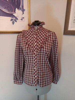 Vintage 60s 70s Ruffled Blouse, Retro Plaid Victorian Prairie Style Red & Green  - Image 1 of 4