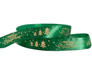 PRINTED CHRISTMAS SATIN RIBBON | Green Gold Merry Christmas Tree | 25mm 20m - Picture 1 of 2