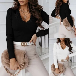 Autumn Women Lace V Neck Long Sleeve Blouse Ladies Casual T-shirt Top Workout US - Picture 1 of 11