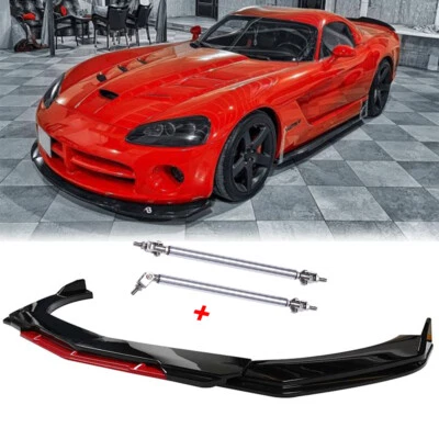 Alerón divisor de labios de parachoques delantero negro y rojo + varillas de puntal para Dodge Viper 2001-17 Foto 1 de 4