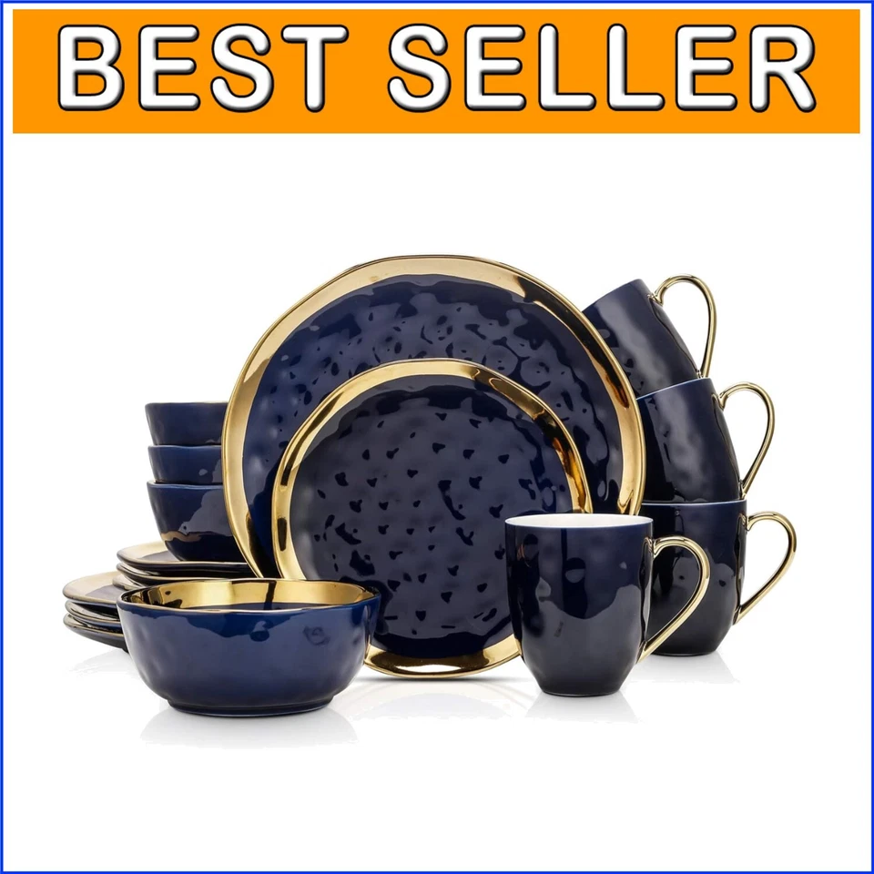 Stone Lain Porcelain 16 Piece Dinnerware Set Service for 4 Blue and Golden Rim