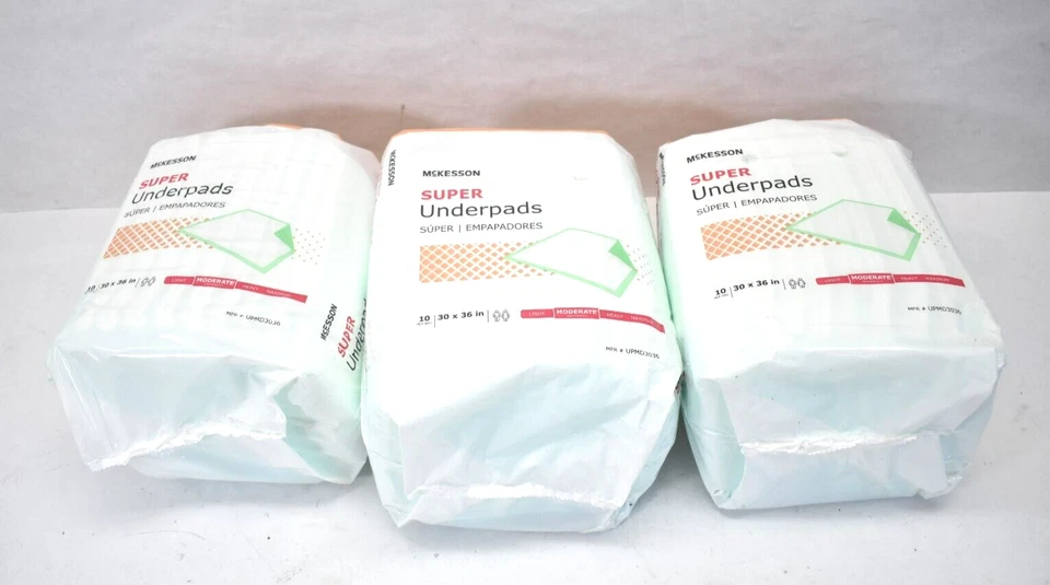 7 Packages of 10 McKesson Super Underpads / Bed Liners 30" " UPMD3036