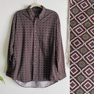 Vintage 1990s Maroon Geometric Print Long Sleeve Button Down Shirt Mens L/XL - Picture 1 of 6
