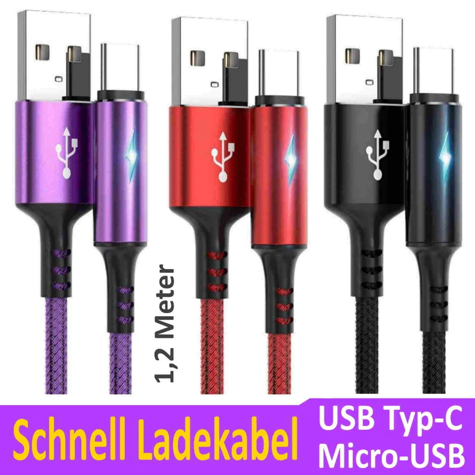 Ladekabel Datenkabel Schnell Typ-C Micro USB für Samsung Huawei Xiaomi S10 20 21 - Bild 1 von 1