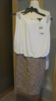 NEW BRIDESMAID/COCKTAIL MINI DRESS PEARLS WHITE/BEIGE BROCADE SKIRT JUNIORS 11 - Image 1 of 4