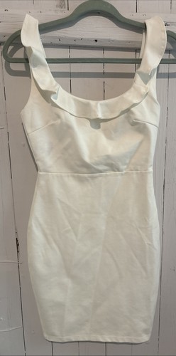 OFF WHITE Abito Lulus taglia XS bianco bodycon bianco sporco scoop scollo volant senza maniche foderato zip