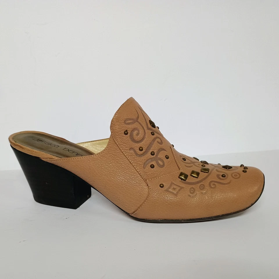 Jessica Bennett Beige Bronce Cuero Sin Cordones Tacón Bloque Mula Talla 7 Foto 1 de 4
