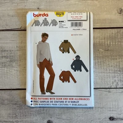 Burda 8029 Sewing Pattern Pullover Knit Top Neckline Options Miss Sz 8-18 UNCUT - Image 1 of 3
