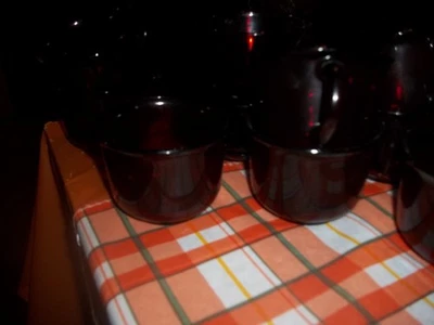 Vintage ARCOROC France Ruby Red Clear Glass 8 Tea Cups And Saucers - Image 1 of 4