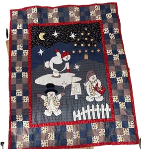 VINTAGE Let it Snow Snowman throw quilt CHRISTMAS BLUE RED SQUARE HANDMADE 58X47 - Picture 1 of 11