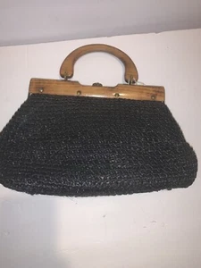 Vintage 1960s Dayne Taylor Black Raffia Purse Wooden Handle Frame Preppy - Picture 1 of 4