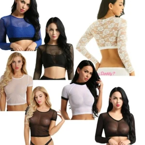 Encaje floral de mujer Sheer Crop Top Lencería de manga larga Camiseta Blusa Slim Fit - Imagen 1 de 82
