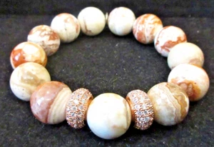 VINTAGE Polished Agate Stone and Pave Set Rhinestone Beads Stretch Bracelet - Picture 1 of 7