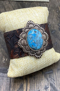 Barse Embossed Leather Cuff Bracelet- Turquoise- Bronze- NWT