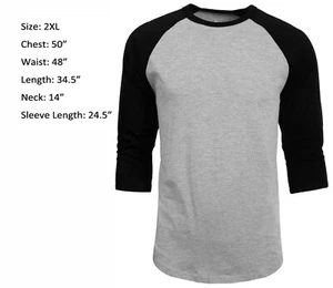 3/4 Sleeve Plain T-Shirt Baseball Raglan Jersey Sports Men's Tee Gray Black 2XL - Picture 1 of 2