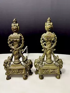 Pair of Antique English Neoclassical Style Brass Fireplace Andirons circa 1900 - Picture 1 of 9