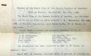 Modern Woodmen of America California State Camp Visalia CA Meeting Minutes 1908 - Picture 1 of 8