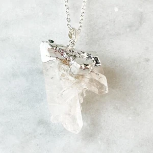 Quartz Cluster Geode Necklace - Silver Plated - Crystal Pendant Jewelry Quartz - Picture 1 of 6