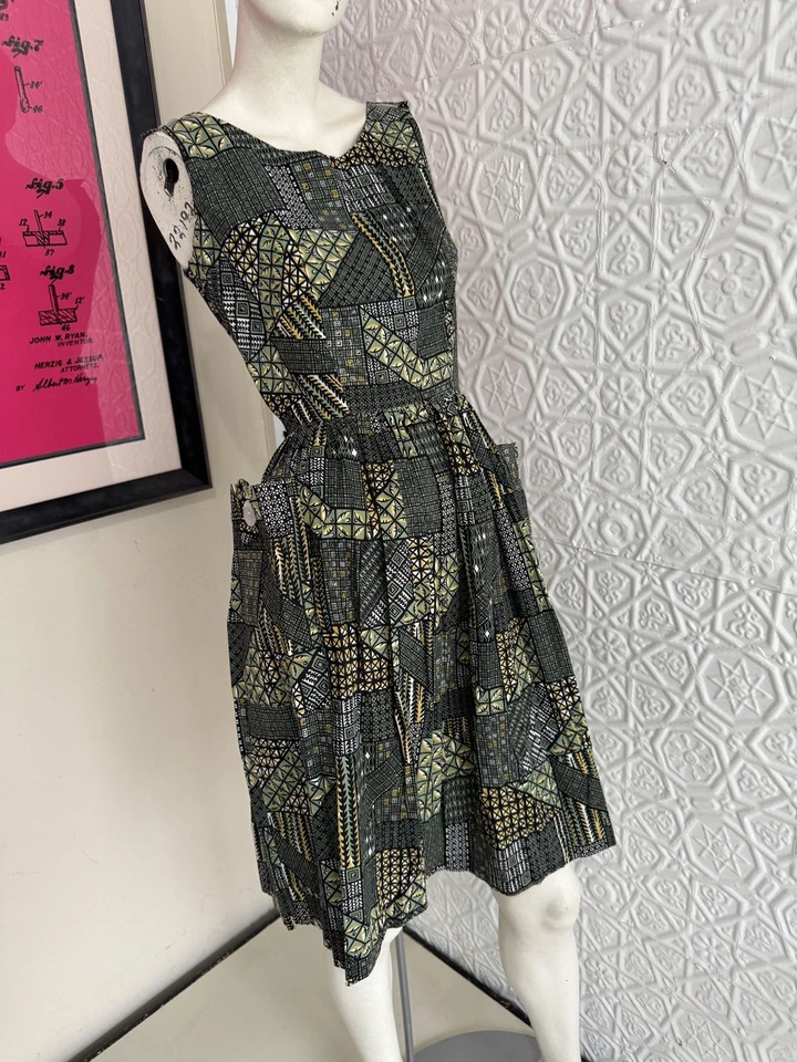 Vestido de día vintage años 50 estampado en bloques-vestido de verano-vestido de algodón-verde Foto 1 de 4
