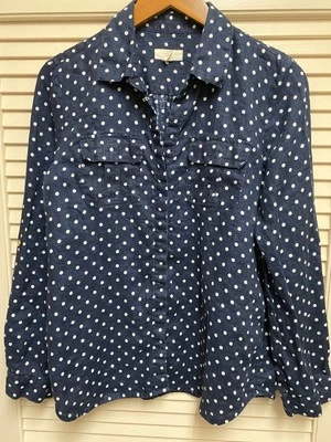 Charter Club Linen Shirt Womens M Navy White Polka Dot 100% Linen Blouse - Image 1 of 4