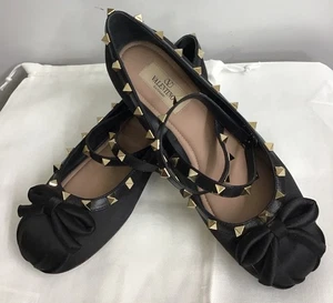 Valentino Satin Ballet Rock Stud Flat Round Toe Bow Wrap Around Ankle Size 37 - Picture 1 of 12